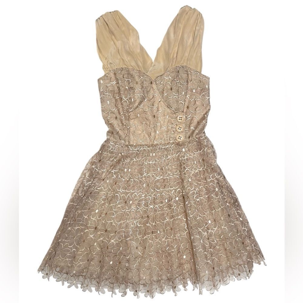 Anthropology Frock! By Tracy Reese Nude Gold Floral Fit and Flare Mini dress - Picture 3 of 11